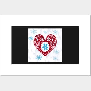 Winter Scandinavian Design, Teal & Red on White Background Cute Simple Nordic Heart and Snowflakes Posters and Art